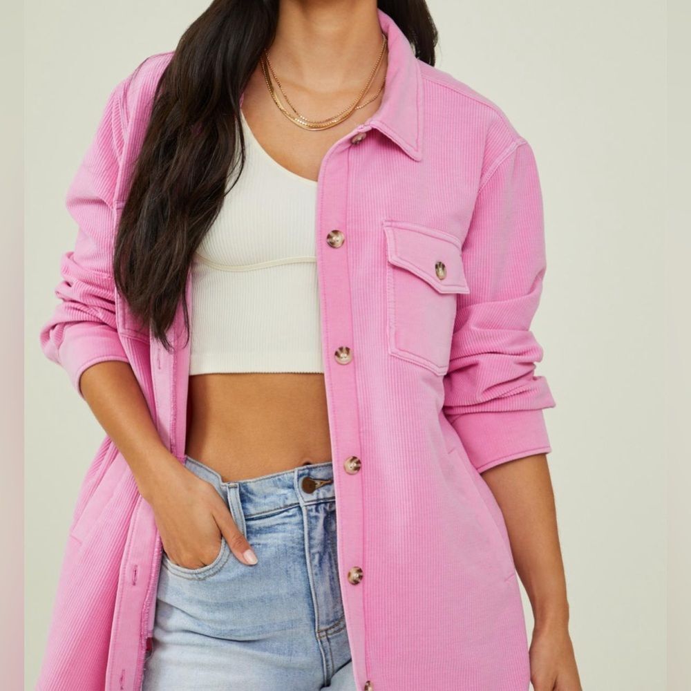 Soft Pink Ribbed Oversized Shacket Cozy Button Front Layering XS Altar’d State - Picture 2 of 11